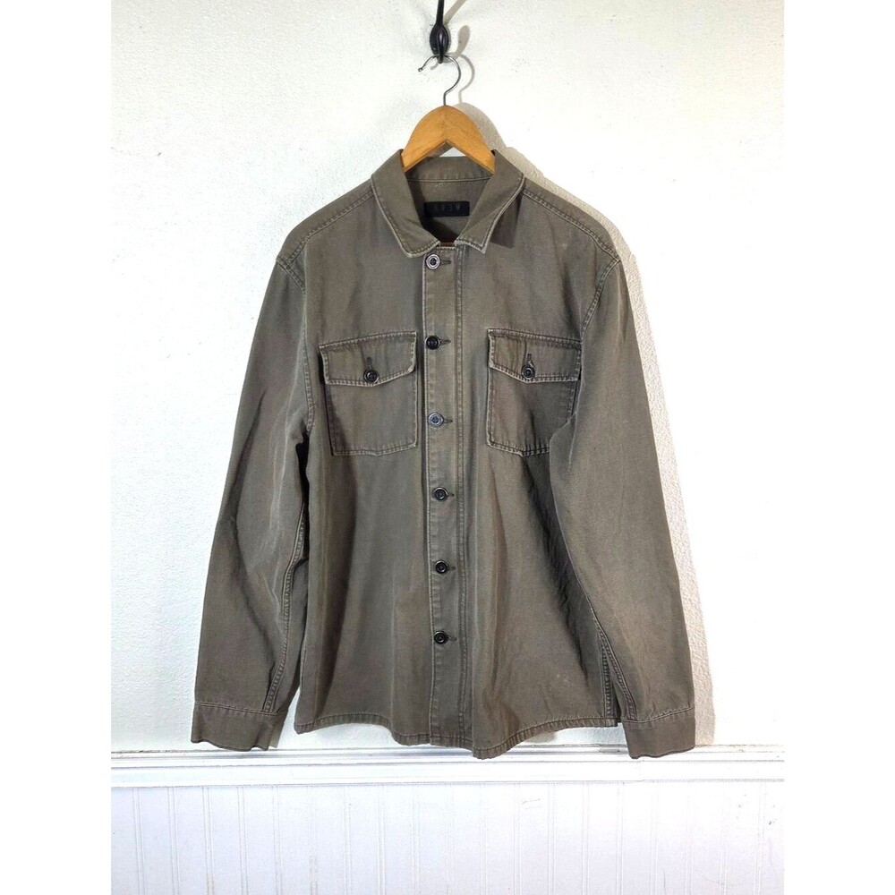 KR3W Mens Military Shacket Jacket Olive Green Button Zip Utility Cotton Large
